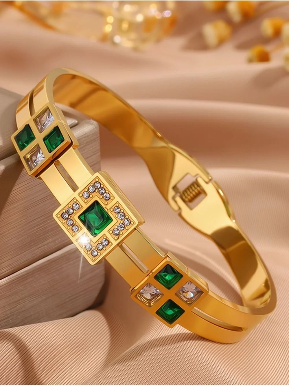 Gold-Tone Bracelet with Emerald Green and Clear Stones